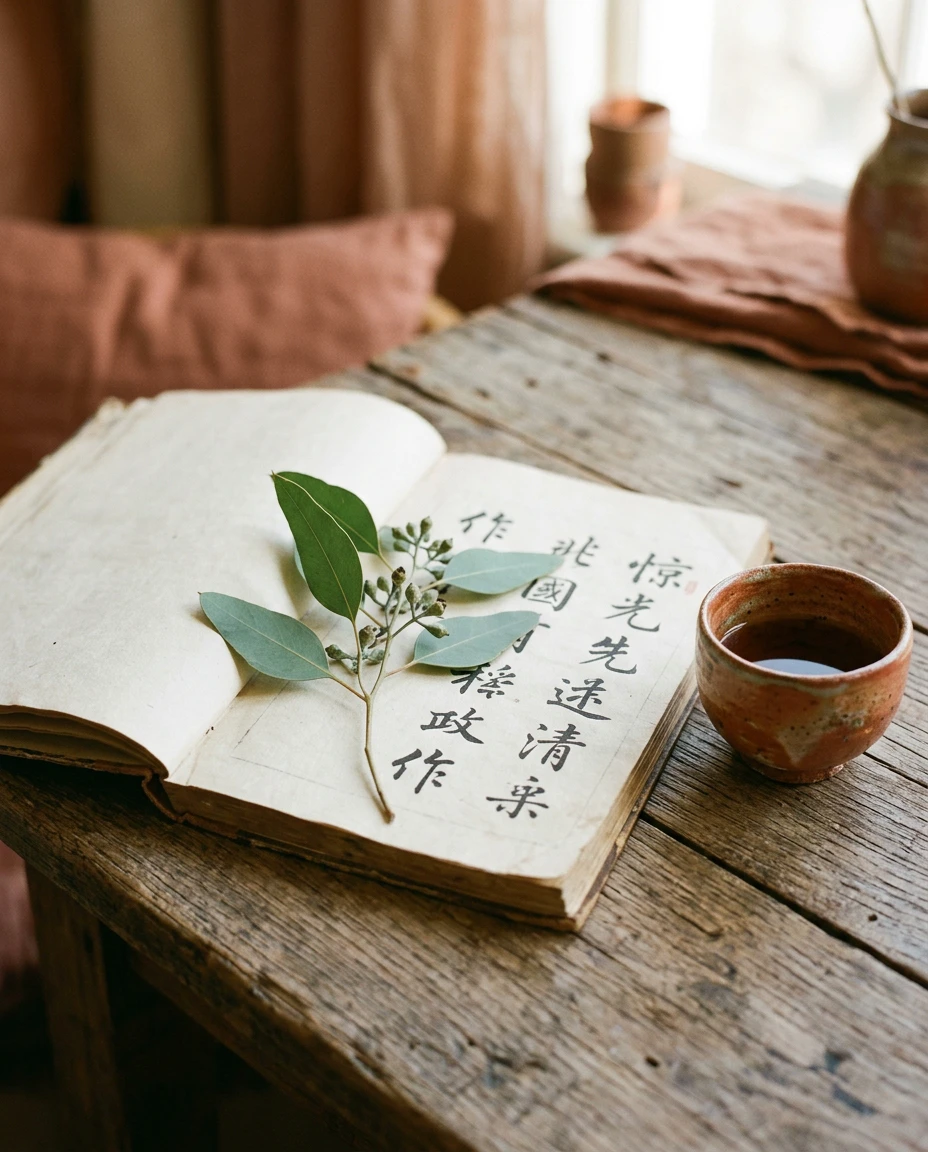 A book of Chinese calligraphy beside eucalyptus leaves