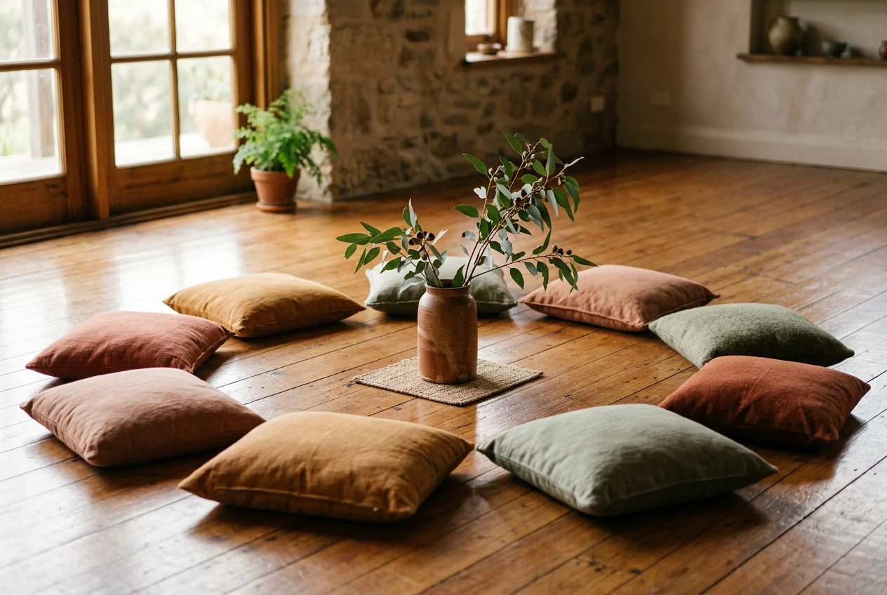 A quiet circle of cushions on a polished timber floor with a single branch of eucalyptus